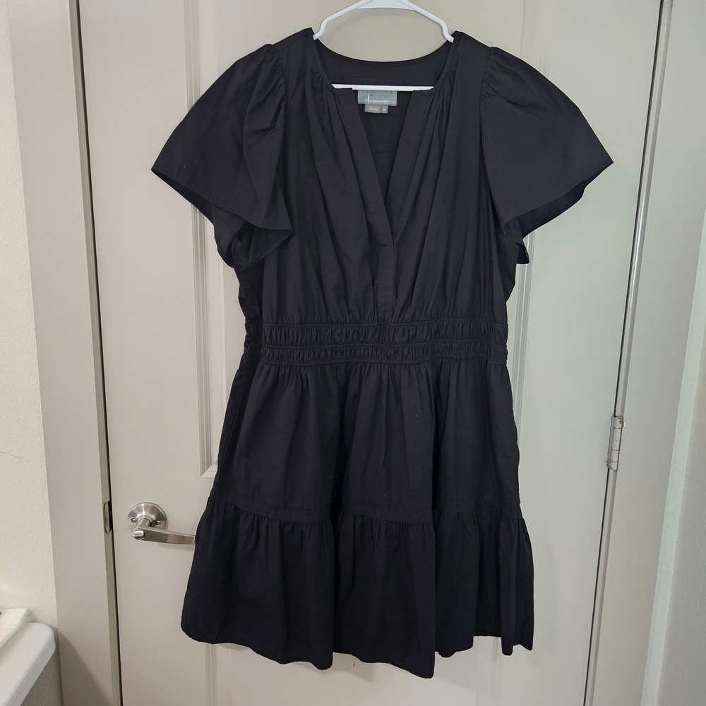 Anthropologie Black Cotton Smocked Tiered Mini Dress Flutter Sleeve 1X